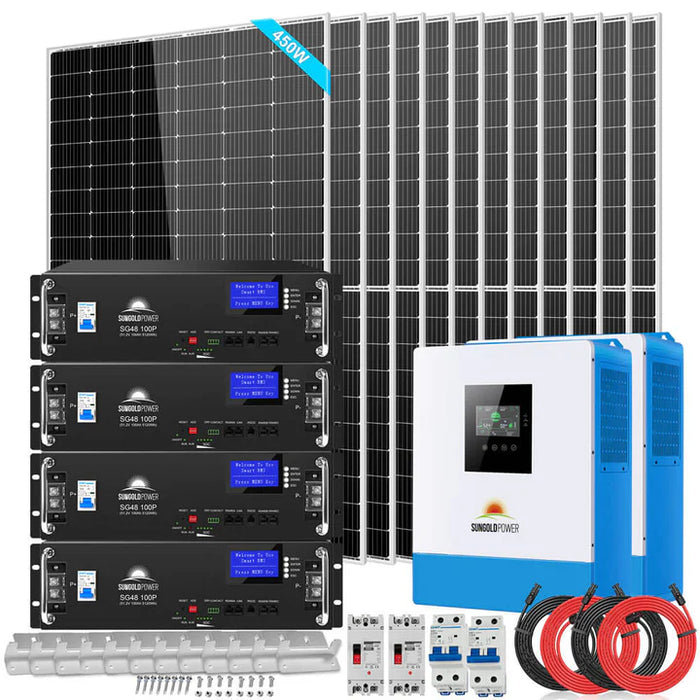 Sungold Power - Off-Grid Solar Kit 10000W 48VDC 120V/240V - LifePO4 20.48KWH Lithium Battery 12 X 450 Watts Solar Panels - King of Generators