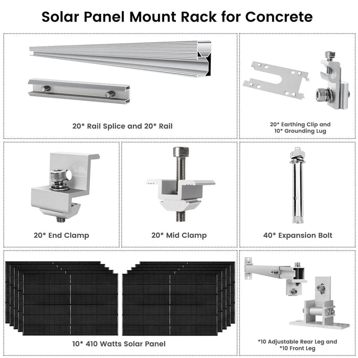 Nature's Generator - 410 Watt Monocrystalline Solar Panel (10 Pack) With Solar Panel Mount Rack - King of Generators