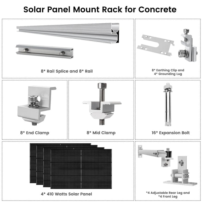Nature's Generator - 410 Watt Monocrystalline Solar Panel (4 Pack) With Solar Panel Mount Rack - King of Generators