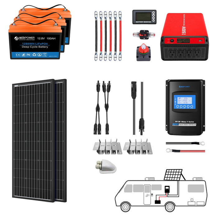 ACOPOWER Lithium Battery Mono Solar Power Complete System with Battery and Inverter for RV Boat 12V Off Grid Kit