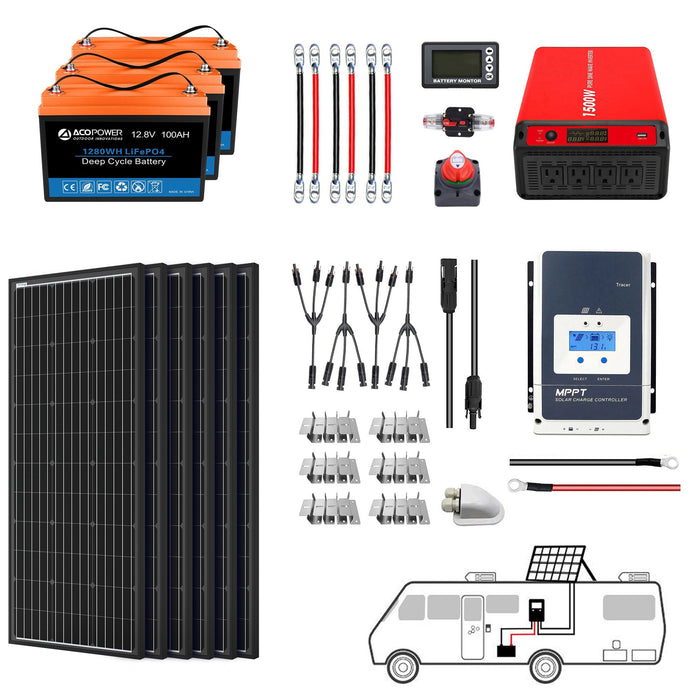 ACOPOWER Lithium Battery Mono Solar Power Complete System with Battery and Inverter for RV Boat 12V Off Grid Kit