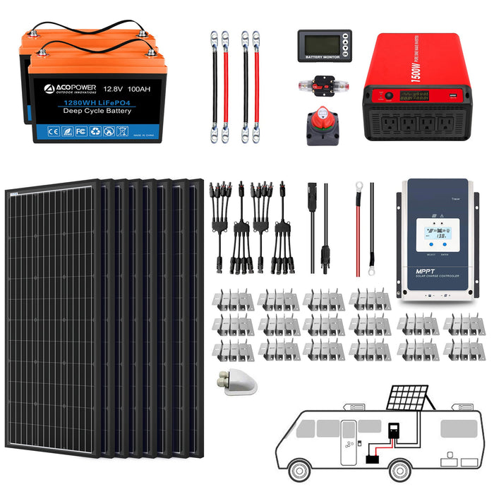 ACOPOWER Lithium Battery Mono Solar Power Complete System with Battery and Inverter for RV Boat 12V Off Grid Kit