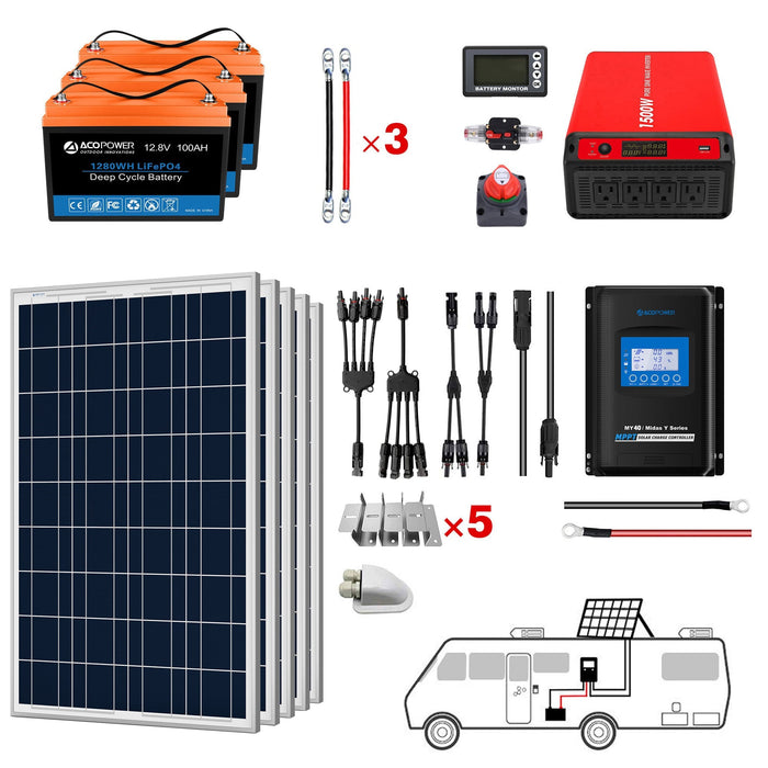 ACOPOWER Lithium Battery Polycrystalline Solar Power RV Kit