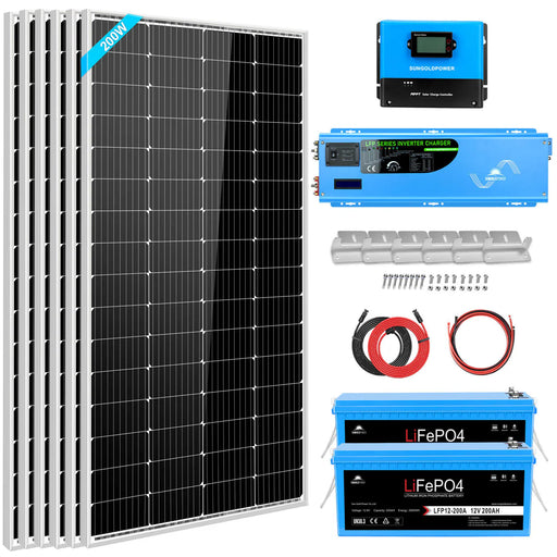 Sungold Power - Off Grid Solar Kit 4000W Inverter 12VDC 120V/240V LiFePO4 Battery 1200 Watt Solar Back Up - King of Generators
