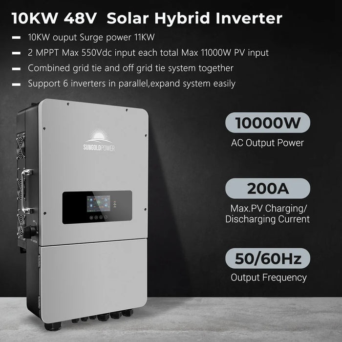 SunGold Power - 10KW Hybrid Inverter 48V Split Phase Grid Feedback Batteryless - King of Generators