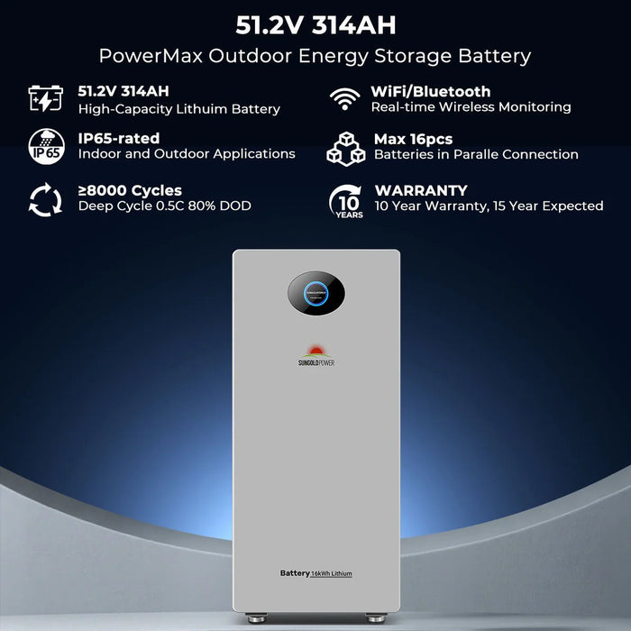 SunGold Power - PowerMax 51.2V 314AH Outdoor Energy Storage Battery UL1973 & UL9540A CEC Listed - King of Generators