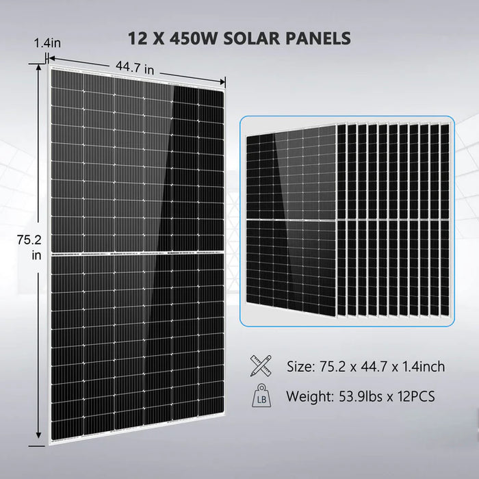 Sungold Power - Off-Grid Solar Kit 10000W 48VDC 120V/240V - LifePO4 20.48KWH Lithium Battery 12 X 450 Watts Solar Panels - King of Generators