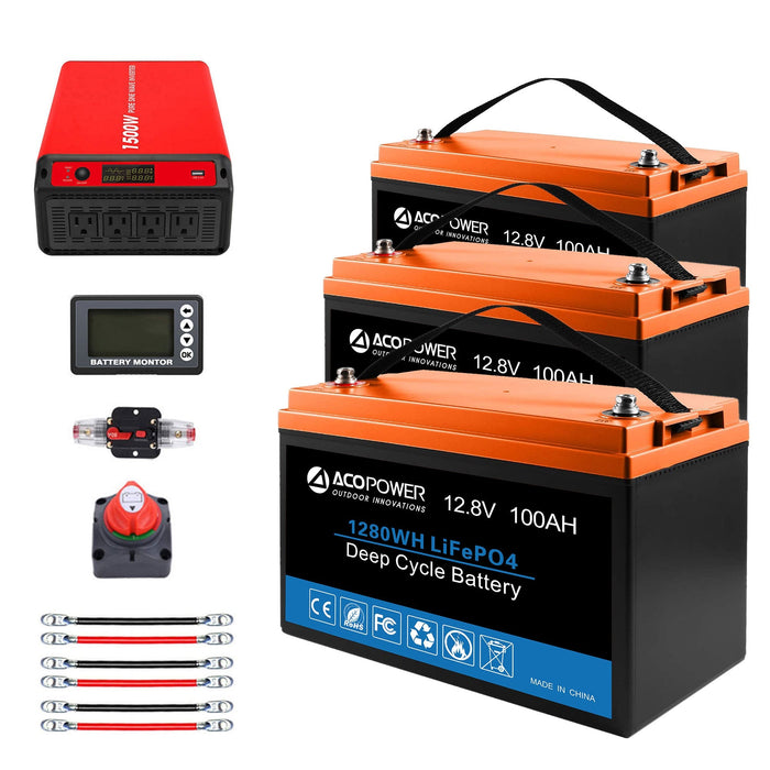 ACOPOWER Lithium Battery Mono Solar Power Complete System with Battery and Inverter for RV Boat 12V Off Grid Kit - King of Generators
