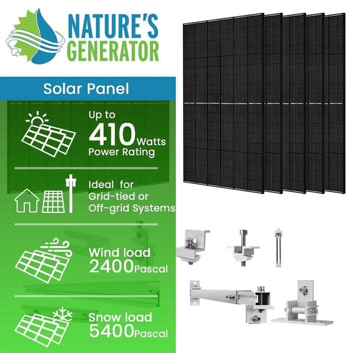 Nature's Generator - 410 Watt Monocrystalline Solar Panel (10 Pack) With Solar Panel Mount Rack - King of Generators