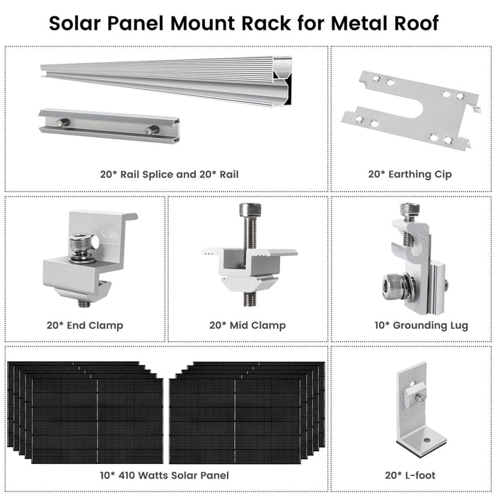 Nature's Generator - 410 Watt Monocrystalline Solar Panel (10 Pack) With Solar Panel Mount Rack - King of Generators