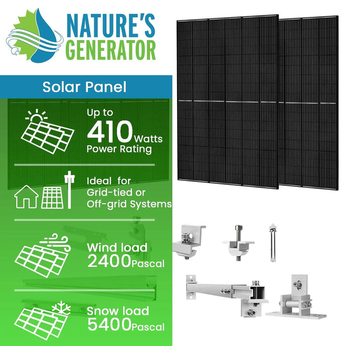 Nature's Generator - 410 Watt Monocrystalline Solar Panel (4 Pack) With Solar Panel Mount Rack - King of Generators