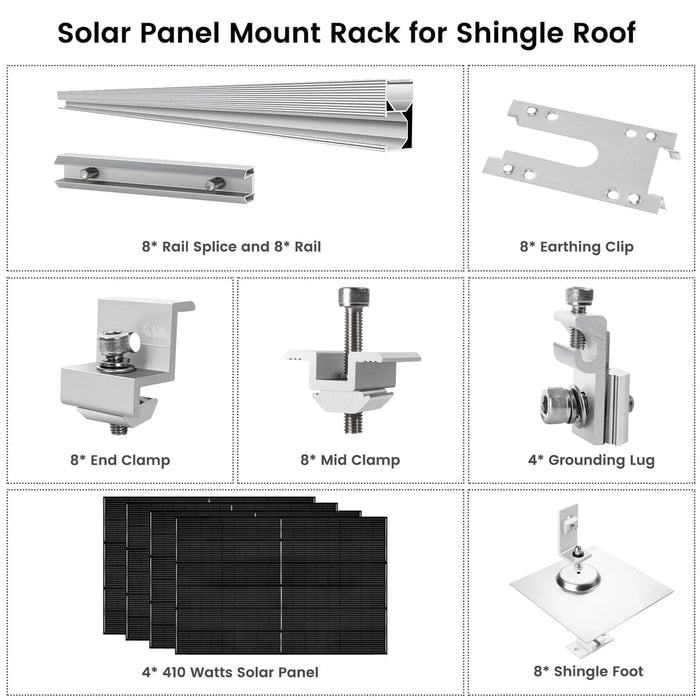 Nature's Generator - 410 Watt Monocrystalline Solar Panel (4 Pack) With Solar Panel Mount Rack - King of Generators