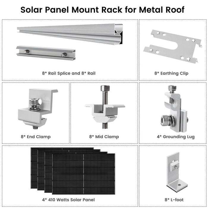 Nature's Generator - 410 Watt Monocrystalline Solar Panel (4 Pack) With Solar Panel Mount Rack - King of Generators