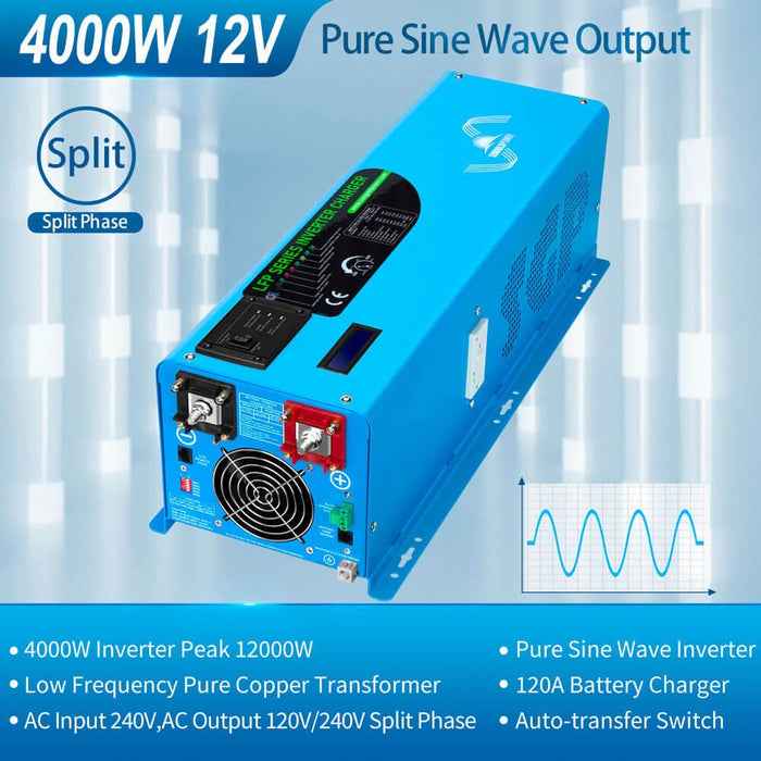 Sungold Power - 4000W DC 12V Split Phase Pure Sine Wave Inverter With Charger - King of Generators