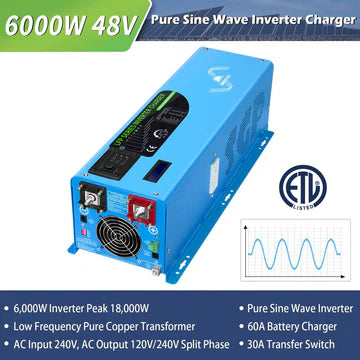 Sungold Power - 6000W DC 24V/ 48V Split Phase Pure Sine Wave Inverter With Charger - King of Generators